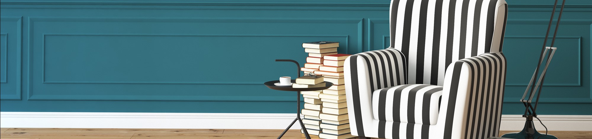 Stripy chair with books next to it