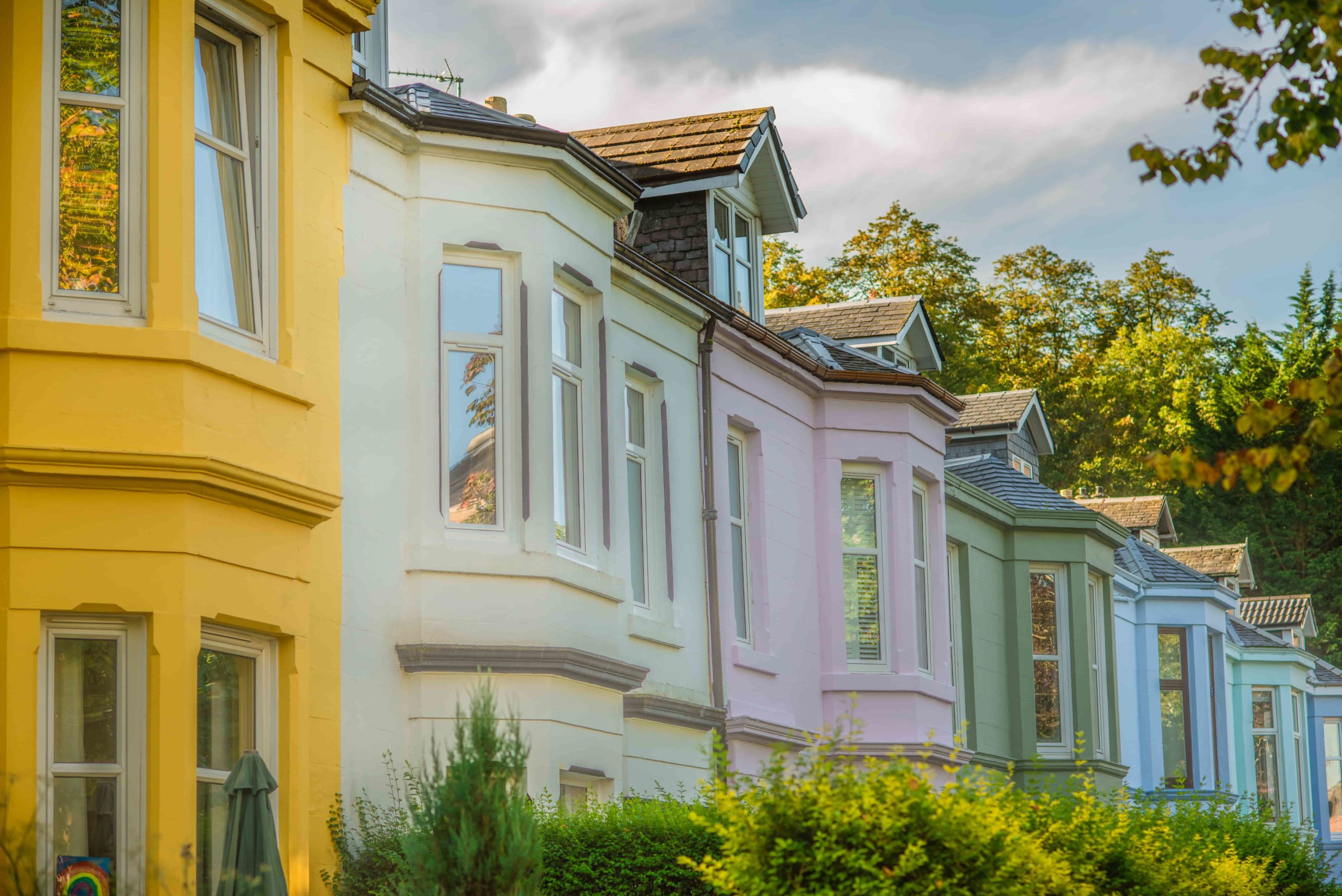 Colorful Houses on a Leafy Residential Street in Glasgow Scotland