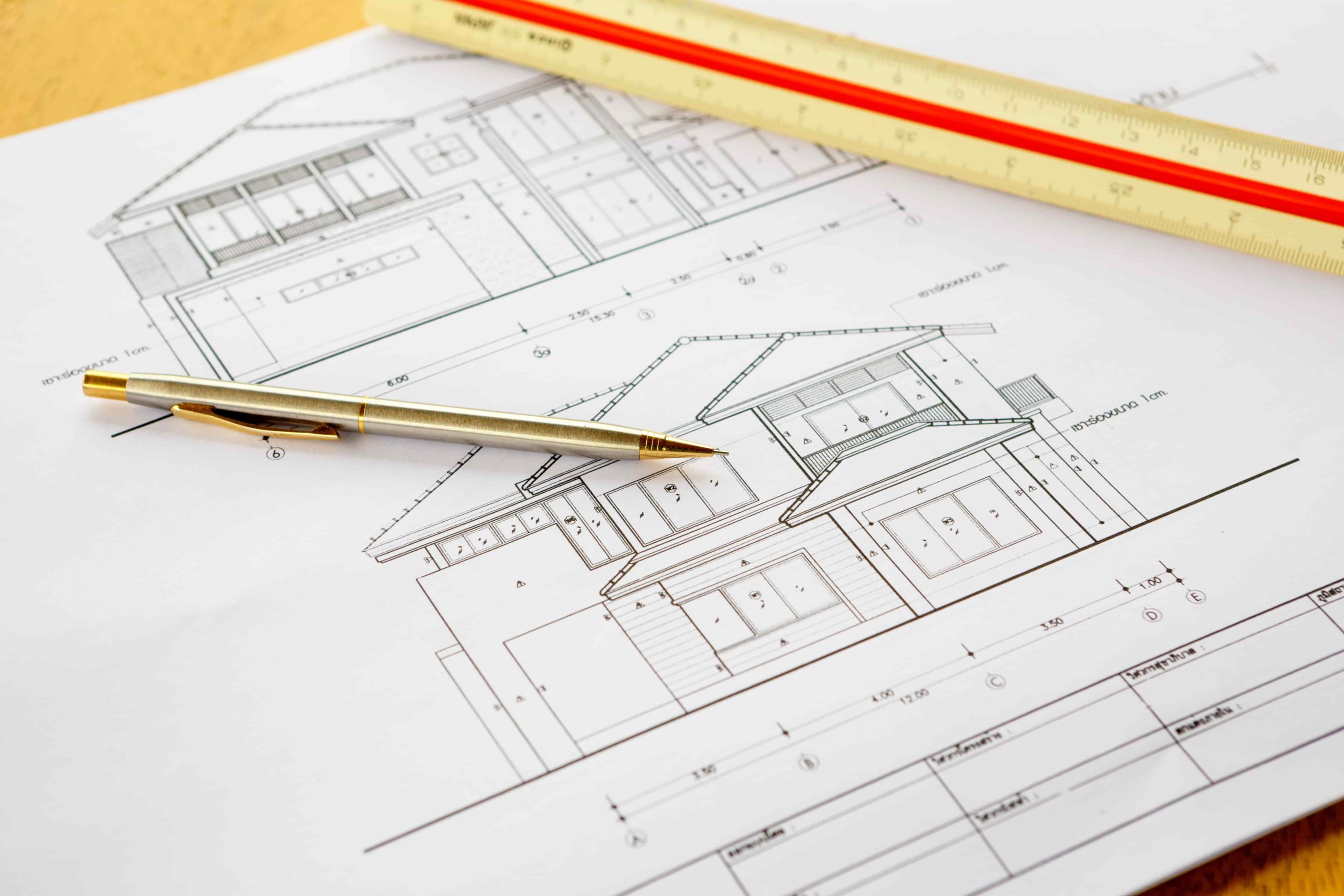 architecture drawings with pencil and ruler