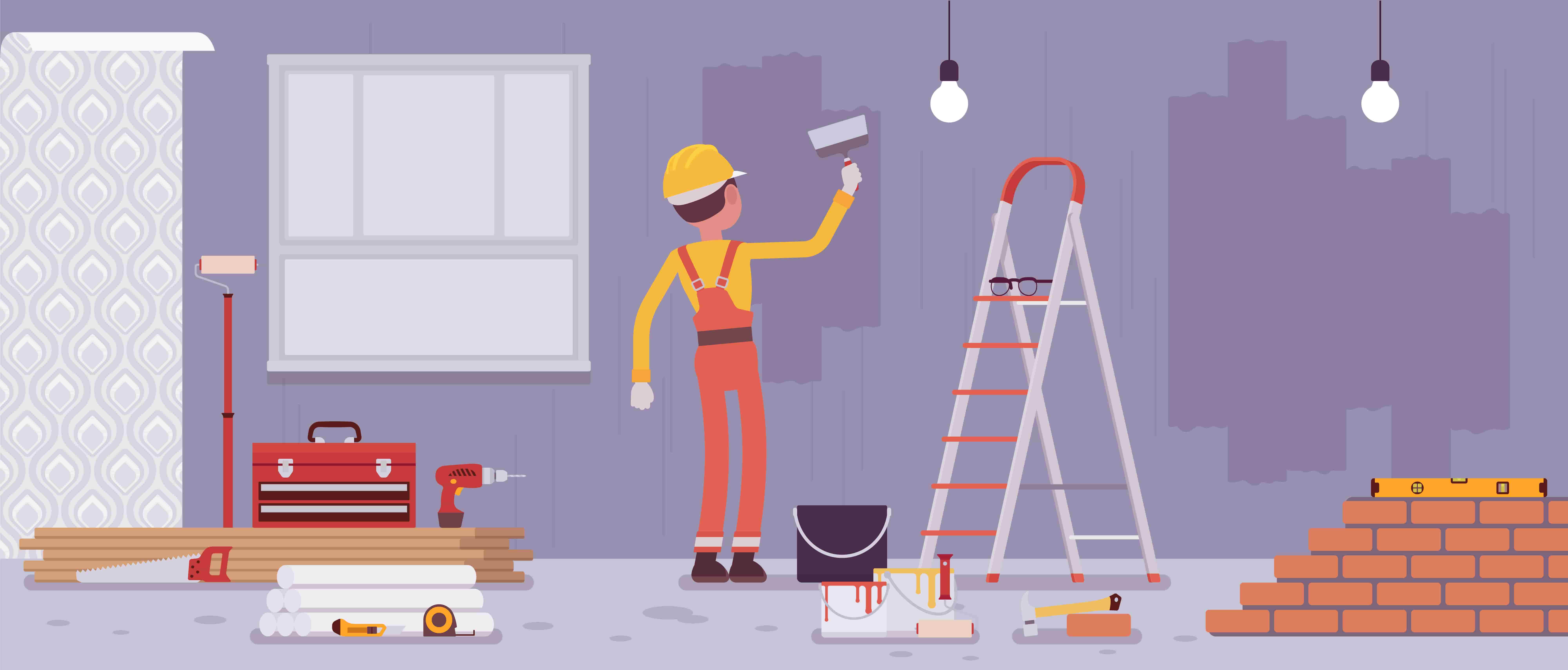 Repair of apartments and worker painting walls - cartoon