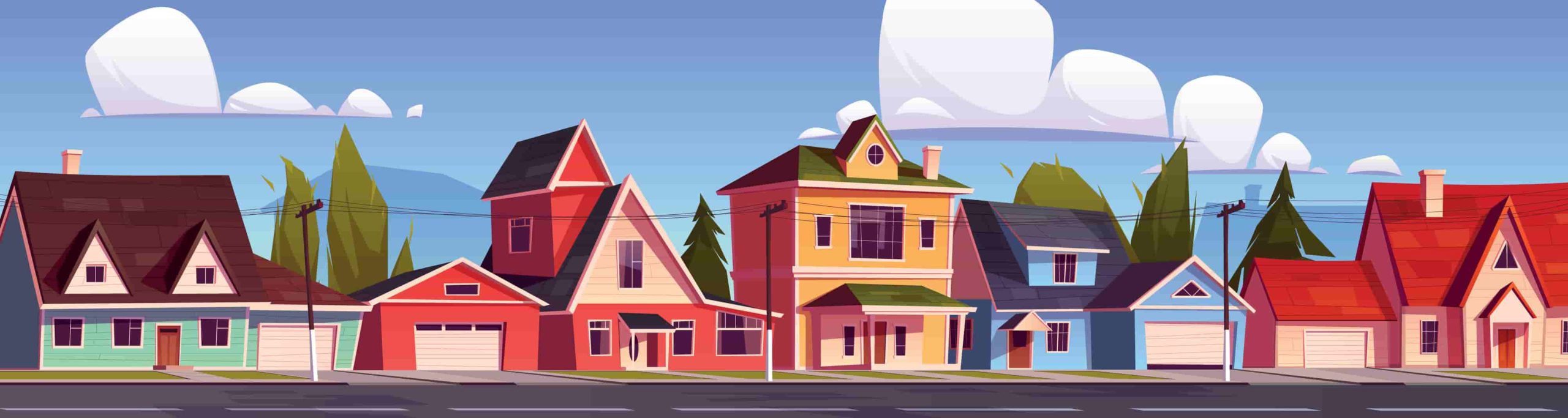 Suburb houses, suburban street with residential cottages - cartoon