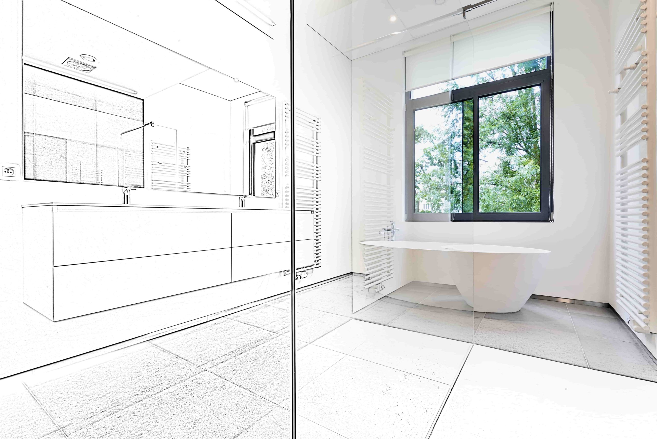 Mixed sketch of a Bathtub in corian, Faucet and shower in tiled bathroom with windows towards garden