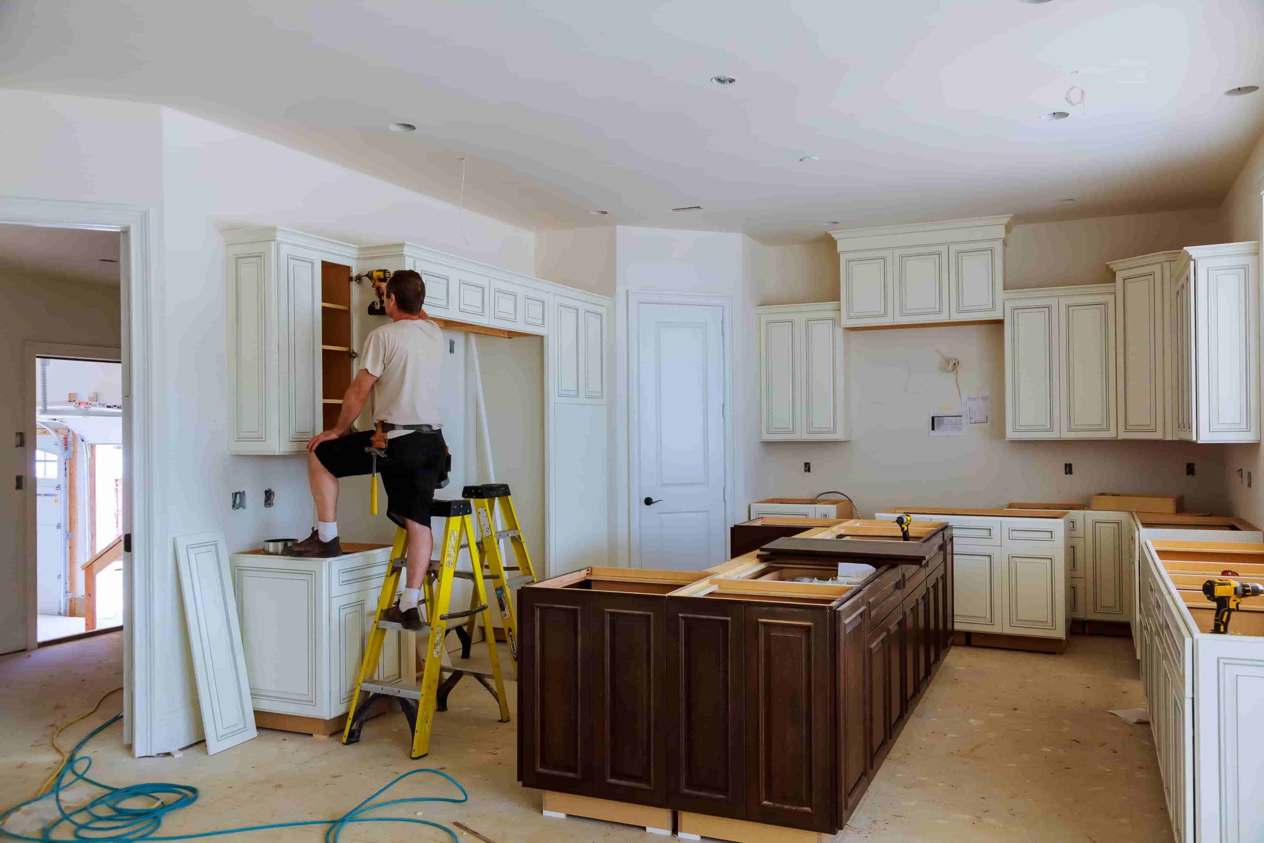 Blind corner cabinet, island drawers and counter cabinets installed