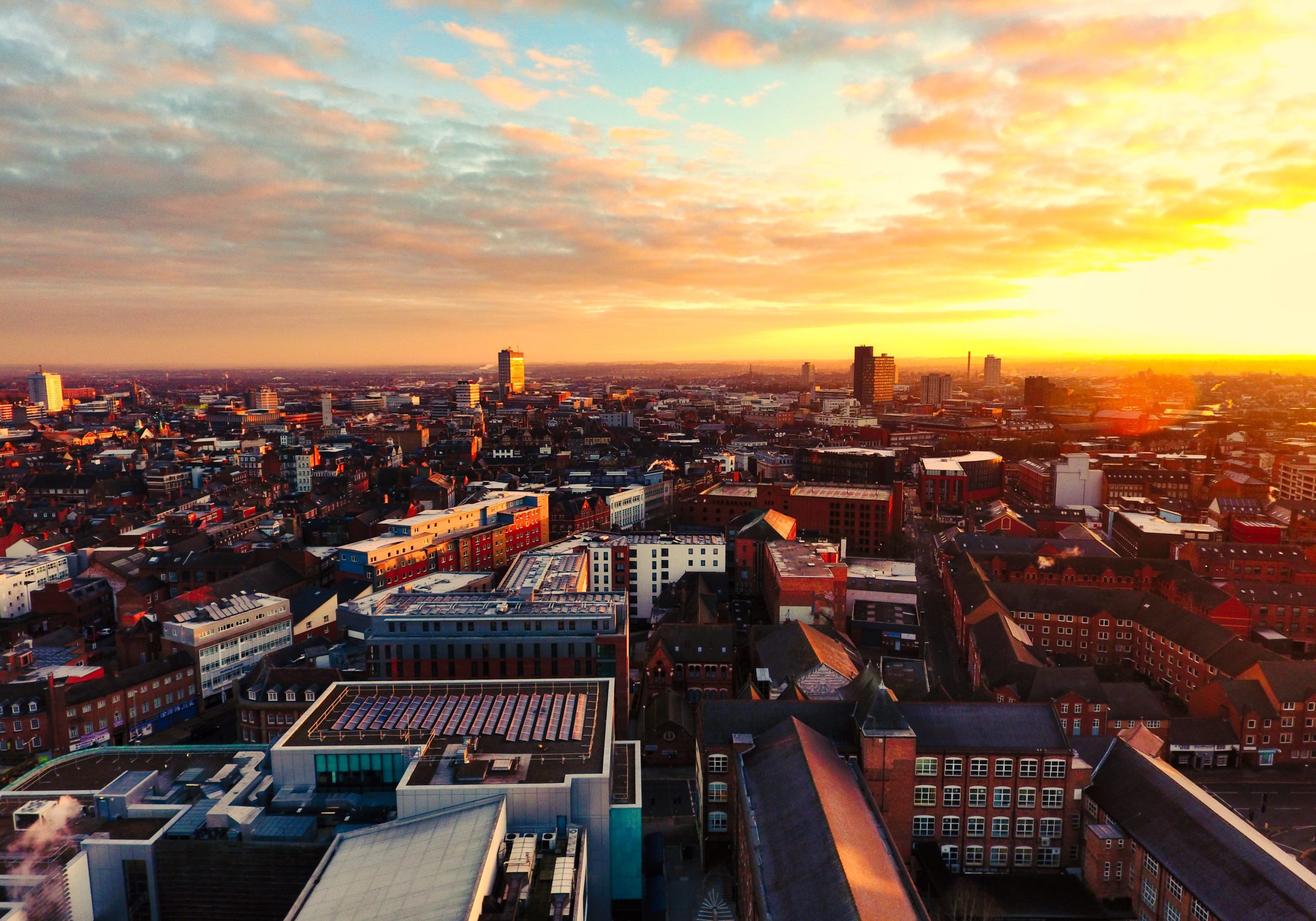 Ariel view of Leicester city centre at dusk